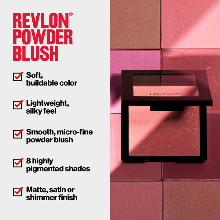 Revlon Powder Blush: buildable, lightweight, 8 shades, matte satin or shimmer finish
