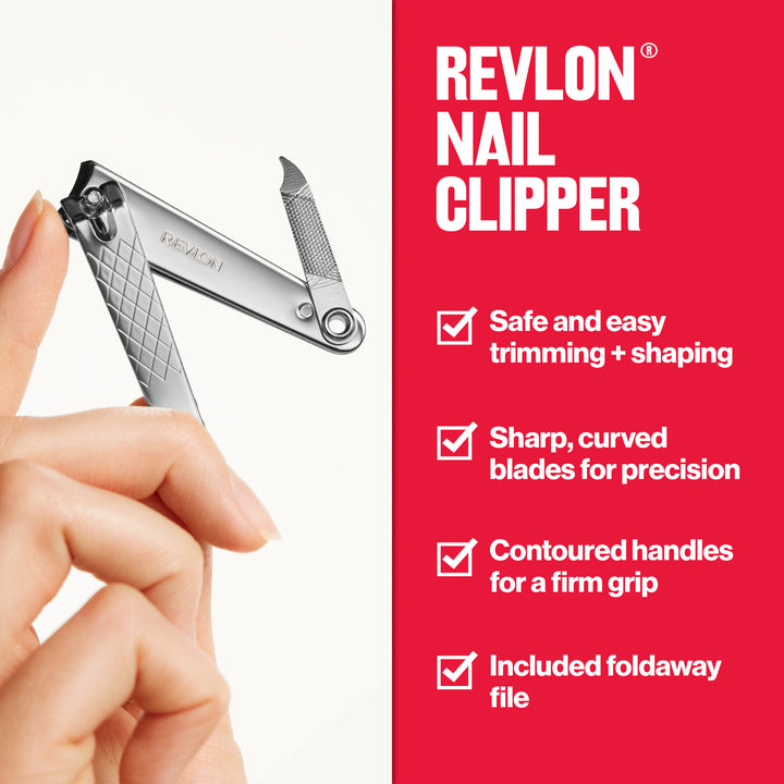 Revlon Nail Clipper: easy trimming, curved blades, firm grip, foldaway file