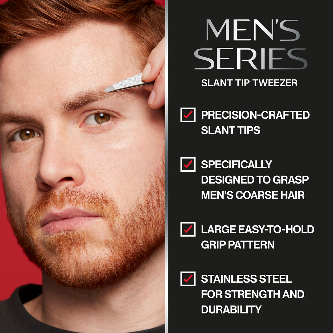 Men’s Series Slant Tip Tweezer: slant tips, grasps men's coarse hair, easy-to-hold, stainless steel