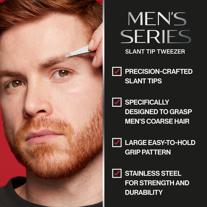 Men’s Series Slant Tip Tweezer: slant tips, grasps men's coarse hair, easy-to-hold, stainless steel
