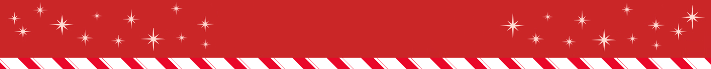 Red banner with white candy cane stripes and star-shaped decorations on a red background