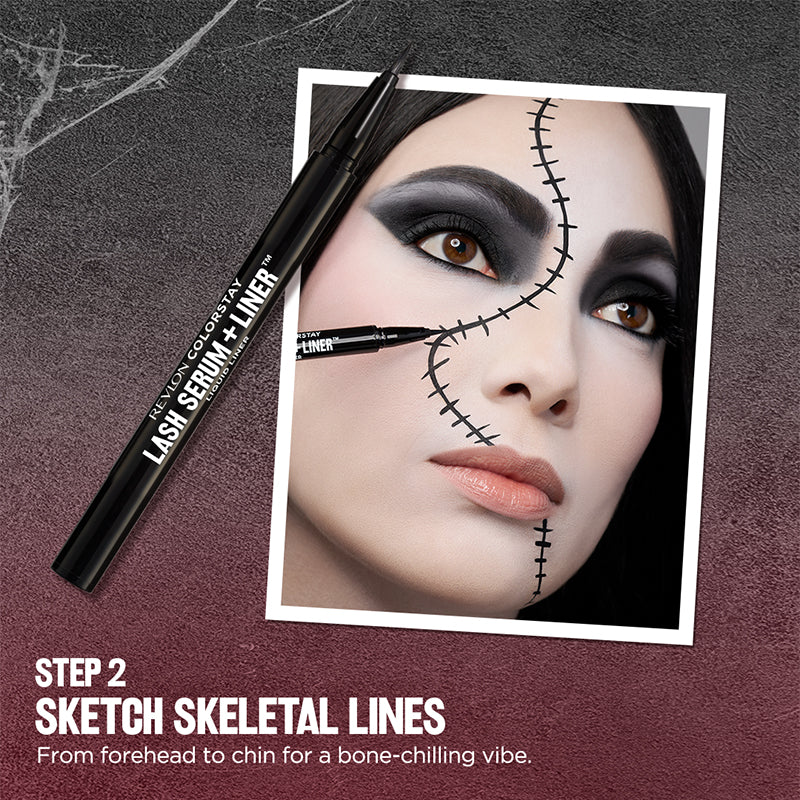 Step 2: Draw skeletal lines from your eyes to your face to your neck using Revlon ColorStay Lash Serum + Liner™ Liquid Liner
